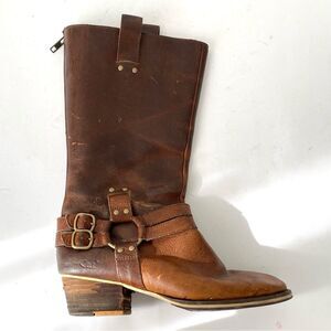 CAT Brown Leather Harness Midcalf Boots Sz 8 Moto Biker Boho